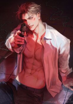 1boy aiming aiming_at_viewer black_pants blonde_hair chaeillll collared_shirt commentary_request cowboy_shot from_above gun highres holding holding_gun holding_weapon korean_commentary large_pectorals long_sleeves looking_at_viewer male_focus nose on_floor open_clothes open_mouth open_shirt original pants parted_bangs pectorals scar scar_on_chest scar_on_neck scar_on_stomach scratches shirt short_hair sidelighting smile solo teeth weapon white_shirt wing_collar yellow_eyes