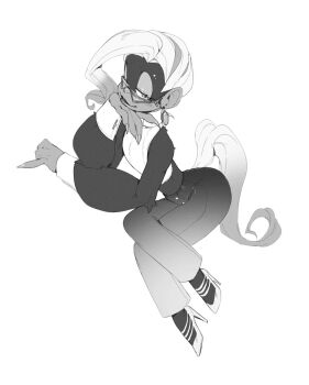 1girl bare_shoulders crossed_legs donkey_kong_(series) donkey_kong_bananza earrings fingernails full_body furry furry_female glasses greyscale high_heels highres jewelry lipstick long_fingernails looking_at_viewer makeup monochrome nintendo pants poppy_kong punipaws semi-rimless_eyewear sitting smile solo turtleneck wrist_cuffs