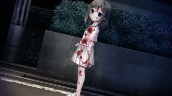 1girl black_hair blood creepy empty_eyes eyebrows female_focus grand_guignol_no_yoru hair_ornament hairclip looking_at_viewer night open_mouth outdoors short_hair solo tinkerbell