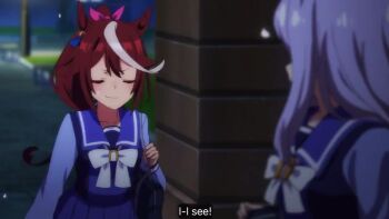 2girls animal_ears animated audible_speech bag blue_bag blue_eyes blue_ribbon blush bow brown_hair cherry_blossoms dot_nose ear_ribbon female_focus green_ribbon hair_bow horse_ears horse_girl japanese_audio long_hair long_sleeves mejiro_mcqueen_(umamusume) multicolored_hair multiple_girls neckerchief outdoors pink_bow pink_petals pleated_skirt ponytail purple_eyes purple_hair purple_sailor_collar purple_serafuku purple_skirt ribbon sailor_collar school_bag school_uniform serafuku shoulder_bag skirt sound streaked_hair tagme tokai_teio_(umamusume) tracen_school_uniform two-tone_hair umamusume video white_neckerchief white_streaks