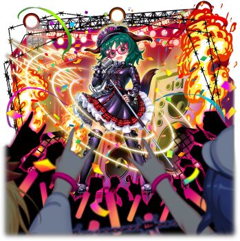 3girls adapted_costume animal_collar animal_ears black_dress black_hat black_thighhighs blurry blurry_foreground bracelet breasts caution_tape chain choujuu_gigaku collar confetti dog_ears dog_tail dress fire frilled_dress frills game_cg glasses green_eyes green_hair hat highres holding holding_microphone jewelry kasodani_kyouko kasodani_kyouko_(choujuu_gigaku) keep_out long_sleeves looking_at_viewer medium_hair microphone multiple_girls murasa_minamitsu official_art open_mouth petticoat red-framed_eyewear red_nails rotte_(1109) skull_print smile solo_focus speaker spiked_bracelet spikes tail thighhighs third-party_source toramaru_shou touhou touhou_lostword transparent_background