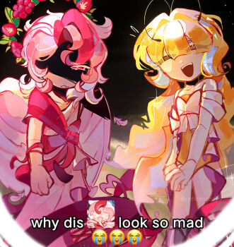 Rule 34 | 1boy, 1girl, angel wings, biblically accurate angel, blonde hair, colored skin, cookie run, cookie run: kingdom, cupid, curly eyebrows, gold shawl, gold wheat, halo, highres, humanization, inverted eyelashes, layered clothes, leotard, long hair, looking at viewer, meme, pavlova cookie, pink skin, red eyes, reticentcoyll, sugarfly cookie, very long hair, white eyeshadow, why dis ninja look so mad (meme), wings, yellow leotard