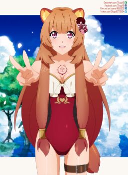 1girl :d alternate_costume animal_ear_fluff animal_ears artist_name belt black_one-piece_swimsuit blunt_bangs breasts brown_belt brown_hair chest_tattoo cleavage collarbone commentary cowboy_shot deviantart_logo deviantart_username double-parted_bangs english_commentary facebook_logo facebook_username flower gluteal_fold hair_flower hair_ornament heart highres light_blush long_hair looking_at_viewer medium_breasts metal_hair_tubes multicolored_one-piece_swimsuit one-piece_swimsuit open_mouth outstretched_arms pink_eyes pixiv_id pixiv_logo raccoon_ears raccoon_girl raccoon_tail raphtalia red_one-piece_swimsuit shugo19 signature slave_brand smile solo straight-on straight_hair swimsuit tail tate_no_yuusha_no_nariagari tattoo teeth thigh_belt thigh_strap tongue twitter_logo twitter_username upper_teeth_only v watermark white_one-piece_swimsuit