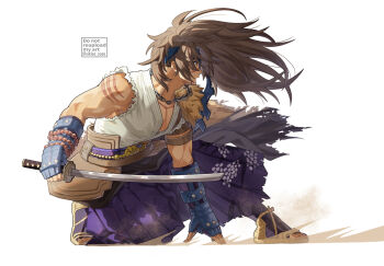 1boy blue_headband brown_hair headband holding holding_sword holding_weapon japanese_clothes katana long_hair male_focus murasame_(rune_factory) muscular muscular_male pants pleated_pants ponytail purple_pants rune_factory rune_factory:_guardians_of_azuma scar scar_on_shoulder sikiso_soso sword vest weapon white_vest