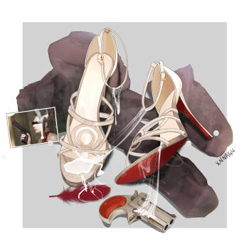 1girl artist_name bar_censor blood border censored censored_identity cum cum_on_clothes feet grey_background gun handgun high_heels highres holding holding_weapon pantyhose photo_(object) revolver sandals shoes simple_background solo stiletto_heels still_life strappy_heels toes unworn_shoes weapon white_border white_footwear xnnagu