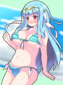Rule 34 | 1girl, 2020, alternate breast size (larger), alternate costume, asage (asgsn), bare arms, bare shoulders, bikini, blue bikini, blue hair, blush, breasts, cleavage, collarbone, commentary request, dress, embarrassed, fire emblem, fire emblem: the blazing blade, hair ornament, hand up, large breasts, long hair, micro bikini, navel, ninian (fire emblem), nintendo, open mouth, red eyes, sideboob, solo, stomach, swimsuit, thighs, underboob, very long hair