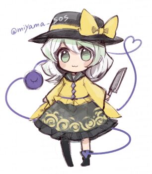 1girl :3 black_boots black_hat boots bow closed_mouth collared_shirt commentary_request frilled_skirt frills full_body green_eyes grey_hair grey_skirt hat hat_bow heart heart_of_string holding holding_knife kitchen_knife knife komeiji_koishi long_sleeves looking_at_viewer medium_hair shirt simple_background skirt smile solo tama_(hiroshige_36) third_eye touhou twitter_username white_background yellow_bow yellow_shirt