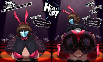 1boy 1girl ass bald breasts brown_hair captain_kirb clothed_female_nude_male face_between_breasts face_in_ass hair_ornament head_between_breasts huge_ass huge_breasts imminent_penetration lying lying_on_person mask medium_hair niijima_makoto nude on_person persona persona_5 rabbit_hair_ornament