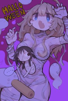 ... 2girls arm_up bandages black_hair blonde_hair blue_eyes breasts chito_(shoujo_shuumatsu_ryokou) claw_pose commentary cowboy_shot english_commentary fang ghost halloween hand_up highres long_hair multiple_girls mummy_costume naked_bandage nuko_(shoujo_shuumatsu_ryokou) one_eye_covered open_mouth shoujo_shuumatsu_ryokou skin_fang speech_bubble spoken_ellipsis taipe_pepe yuuri_(shoujo_shuumatsu_ryokou)