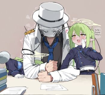 2girls anger_vein arm_rest armband black_shirt black_tail blue_archive blue_armband blue_jacket blue_necktie blue_pants blush clenched_hand closed_eyes collared_shirt commentary cropped_jacket demon_tail doodle_sensei_(blue_archive) double-parted_bangs english_commentary english_text facing_down fang gloves green_hair green_halo grey_background halo hand_rest hand_up hat heart highres hikari_(blue_archive) implied_fellatio indoors jacket loli long_hair lonklink looking_at_another multiple_girls necktie nozomi_(blue_archive) open_clothes open_jacket open_mouth paid_reward_available pants paper sensei_(blue_archive) shirt shirt_tucked_in siblings simple_background sisters skin_fang smug table tail tail_on_face top_hat twins twintails twitching white_gloves white_hat white_jacket white_shirt