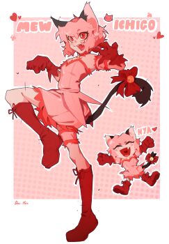 1girl animal_ears bad_id bad_tumblr_id bell bow cat_ears cat_tail chibi choker detached_sleeves doktorhoss dress fangs gloves highres looking_at_viewer magical_girl mew_ichigo momomiya_ichigo multiple_views nyan open_mouth pink_choker pink_dress pink_eyes pink_hair red_eyes red_gloves short_hair smile solo standing tail tail_bell tail_bow tail_ornament tokyo_mew_mew