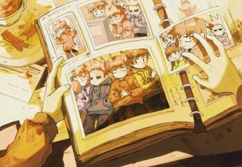 Rule 34 | 4boys, animification, bacon, blue hoodie, book, brown hair, commentary, edd (eddsworld), eddsworld, food, green hoodie, hair ears, hashtag-only commentary, highres, holding, holding mirror, hollow eyes, hood, hood down, hoodie, luobxd, male focus, matt (eddsworld), mirror, multiple boys, orange hair, out of frame, photo (object), photo album, plate, pov, purple hoodie, red hoodie, refrigerator, short hair, spiked hair, television, tom (eddsworld), tord (eddsworld)