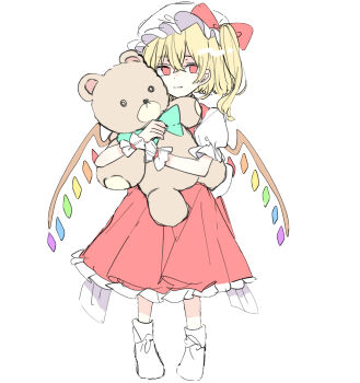 1girl blonde_hair boots closed_mouth commentary_request crystal crystal_wings flandre_scarlet frilled_skirt frills full_body hat highres hugging_doll hugging_object light_smile looking_at_viewer mob_cap multicolored_wings one_side_up red_eyes red_skirt red_vest simple_background skirt skirt_set solo stuffed_animal stuffed_toy teddy_bear touhou unfinished vest white_background white_boots white_hat wings wrist_cuffs yurui_tuhu