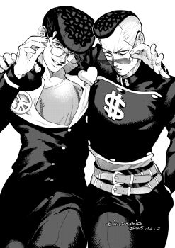 Rule 34 | 2boys, adjusting eyewear, arm around shoulder, arm up, belt, bespectacled, buttons, commentary request, crew neck, diamond wa kudakenai, dollar sign, frown, gakuran, glasses, greyscale, hand in pocket, heart, higashikata josuke, highres, jacket, jojo no kimyou na bouken, long sleeves, looking at viewer, male focus, monochrome, multiple belts, multiple boys, nijimura okuyasu, pants, pompadour, school uniform, shirt, short hair, smile, sunglasses, tirauraja, undercut, white background