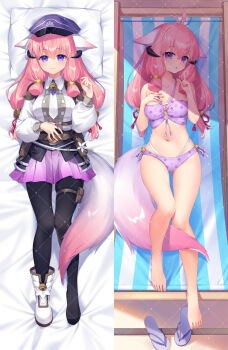 1girl animal_ears black_pantyhose dakimakura_(medium) fox_tail gradient_clothes gradient_skirt hat hina_(rune_factory) long_hair looking_at_viewer pantyhose pink_hair poppy_(poppykakaka) purple_eyes purple_hat purple_skirt rune_factory rune_factory:_guardians_of_azuma skirt swimsuit tail