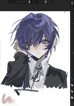 Rule 34 | 1boy, art program in frame, black jacket, black ribbon, blue eyes, blue hair, chinese commentary, chunjinran000, closed mouth, collared shirt, commentary request, cropped shoulders, eyes visible through hair, gekkoukan high school uniform, hair over one eye, hand on own ear, headphones, highres, jacket, looking at viewer, male focus, neck ribbon, open clothes, open jacket, persona, persona 3, procreate (medium), procreate (software), ribbon, school uniform, shirt, short hair, simple background, sleeves past wrists, solo, white background, white shirt, yuuki makoto (persona 3)