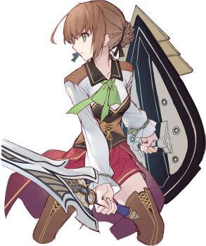 1girl achan_(blue_semi) boots brown_hair duvalie eiyuu_densetsu green_eyes hair_up highres holding holding_shield holding_sword holding_weapon sen_no_kiseki sen_no_kiseki_(series) sen_no_kiseki_i sen_no_kiseki_iv shield simple_background solo sword thigh_boots weapon white_background