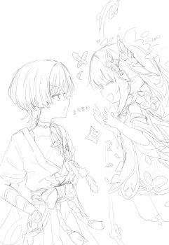 1boy 1girl armlet armor aya86qi belt blunt_ends bodysuit bow bridal_gauntlets cape closed_eyes clothing_cutout covered_collarbone detached_sleeves dress facing_another feathers from_side furisode genshin_impact greyscale hakama hakama_shorts hands_up highres hip_vent japanese_armor japanese_clothes jewelry juban kimono kote large_bow layered_sleeves long_hair looking_at_another mandarin_collar monochrome nahida_(genshin_impact) open_clothes open_hands open_kimono open_mouth pleated_shorts pointy_ears pom_pom_(clothes) rope scaramouche_(genshin_impact) short_sleeves shorts shoulder_peek side_ponytail sidelocks sketch translation_request wanderer_(genshin_impact) white_background wispy_bangs