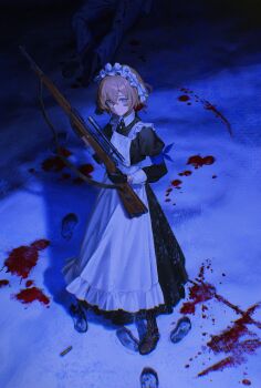 Rule 34 | 1girl, absurdres, apron, black dress, black gloves, blood on snow, blue eyes, boots, brown boots, brown hair, dress, footprints, fuurin sou, gloves, gun, highres, holding, holding gun, holding weapon, looking at viewer, maid, maid headdress, medium hair, original, rifle, solo focus, standing, weapon, white apron