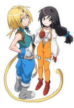 Rule 34 | 1boy, 1girl, :3, aqua eyes, aqua vest, bare shoulders, black choker, black hair, blonde hair, blue pants, blue wrist cuffs, bodysuit, boots, breasts, brown eyes, choker, closed mouth, commentary, cropped vest, crystal, dagger, dede (qwea 00000), final fantasy, final fantasy ix, garnet til alexandros xvii, gloves, grey boots, grey gloves, hair between eyes, hair ornament, hairclip, hand on own chest, hand on own hip, highres, jewelry, knife, long hair, long sleeves, low-tied long hair, low ponytail, medium breasts, neck ribbon, orange bodysuit, pants, parted bangs, pendant, ponytail, puffy long sleeves, puffy sleeves, red boots, red gloves, ribbon, shirt, sleeveless, sleeveless shirt, smile, thigh strap, vest, weapon, white background, white shirt, wrist cuffs, zidane tribal