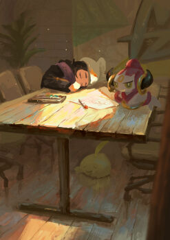 Rule 34 | 1girl, absurdres, ansha (pokemon), black coat, cchan tuka, chair, closed eyes, coat, commentary request, eyelashes, gen 3 pokemon, gen 6 pokemon, gulpin, hat, highres, hoopa, hoopa (confined), indoors, legendary pokemon, long sleeves, mythical pokemon, nintendo, paper, pen, pokemon, pokemon (creature), pokemon legends: z-a, purple scarf, scarf, shadow, sleeping, table, wooden floor