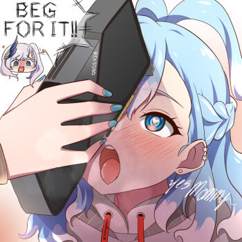 2girls blue_eyes blue_hair blue_nails blush braid commentary drawstring english_commentary english_text geforce_rtx_5080 graphics_card half_up_braid heart heart-shaped_pupils holding hololive hololive_indonesia kobo_kanaeru long_hair multiple_girls open_mouth pavolia_reine phallic_symbol snkagawa symbol-shaped_pupils tongue tongue_out virtual_youtuber