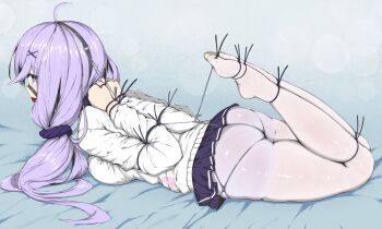 1girl absurdres ahoge ameng_(katena1990) arms_behind_back ass azur_lane ball_gag bdsm bed_sheet between_buttocks between_legs blue_background bondage bound bound_arms bound_legs bound_torso breast_press breasts cable_tie clenched_hand clenched_hands clothes_lift collared_sweater commission crotch_rope feet feet_up female_focus fingernails full_body gag gagged hair_between_eyes hair_ornament highres hogtie large_breasts legs legs_together long_hair long_sleeves looking_at_viewer looking_back looking_to_the_side lying on_stomach pantyhose pleated_skirt purple_eyes purple_hair purple_scrunchie purple_skirt restrained reverse_prayer rope rope_marks scrunchie shibari shibari_over_clothes simple_background skin_tight skindentation skirt skirt_lift solo sweater tearing_up tears toes twintails unicorn_(azur_lane) very_long_hair white_background white_pantyhose white_sweater x_hair_ornament