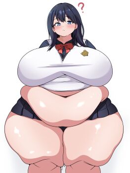 1girl ? absurdres belly big_belly black_hair blue_eyes blue_shirt blue_skirt blush bow bowtie breasts fat fat_rolls fat_woman gridman_universe highres huge_breasts medium_hair miniskirt muffin_top navel obese school_uniform shirt skirt solo ssss.gridman standing sweat sweater_vest takarada_rikka thick_thighs thighs usagirin vest white_background white_vest wide_hips