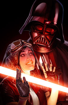 1boy 1girl arms_up ashley_witter aviator_cap black_background black_helmet brown_eyes brown_hair brown_hat chelli_lona_aphra darth_vader energy_sword fingerless_gloves gloves goggles goggles_on_headwear hat helmet highres lightsaber looking_at_another red_lightsaber signature star_wars sword weapon