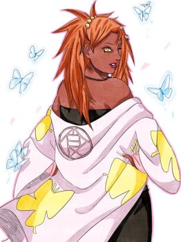 1girl akimichi_chouchou animal_print bare_shoulders boruto:_two_blue_vortex brentonsart bug butterfly butterfly_hair_ornament butterfly_print commentary cowboy_shot dark-skinned_female dark_skin dress earrings english_commentary from_behind hair_ornament hands_on_own_hips haori highres insect japanese_clothes jewelry looking_back naruto_(series) necklace orange_hair parted_lips ponytail red_lips solo strapless strapless_dress stud_earrings tube_dress yellow_eyes yellow_nails