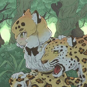 1girl animal_ear_fluff animal_ears black_bow blonde_hair blush bow brown_hair center_frills elbow_gloves fangs foliage forest frills fur_collar gloves green_eyes hair_between_eyes high-waist_skirt highres jaguar jaguar_(kemono_friends) jaguar_ears jaguar_girl leopard_print jaguar_tail kemono_friends multicolored_hair nature open_mouth plant pleated_skirt print_gloves print_skirt print_thighhighs shirabaki shirt short_sleeves sidelocks skirt smile solo t-shirt tail thighhighs tree vines white_fur white_hair white_shirt zettai_ryouiki