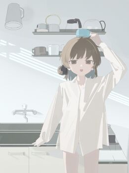 1girl ar2a balancing_on_head brown_eyes brown_hair coffee_pot collared_shirt colored_inner_hair cowboy_shot cup cup_on_head dress_shirt grey_hair hair_rings half-closed_eyes hand_up hatoba_tsugu highres holding holding_cup indoors kitchen loli long_sleeves looking_at_viewer medium_hair multicolored_hair no_pants open_mouth panties shadow shelf shirt single_hair_ring sink sleeve_cuffs smile solo standing straight-on tsugu_(vtuber) underwear virtual_youtuber white_panties white_shirt