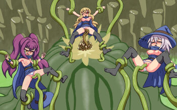 3girls 3uf0ria absurdres ankle_grab aroused bad_end belt black_thighhighs blonde_hair blue_cape blue_dress breasts breasts_out cameltoe cape claudia_(maze_of_marionette) closed_eyes clothes_pull clothing_aside commentary crying dress english_commentary grabbing_another's_arm highres large_breasts long_hair maze_of_marionette midair monster multiple_girls one_eye_closed open_mouth panties panties_aside purple_hair rape red_eyes shirt_pull sleep_molestation sleeping small_breasts spread_legs struggling tears tentacle_sex tentacles thighhighs twintails underwear vaginal white_hair white_panties yellow_eyes zzz