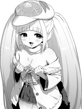 Rule 34 | 1girl, areola slip, azur lane, azur lane: slow ahead, bare shoulders, blunt bangs, breasts, cleavage, collarbone, dmitri donskoi (azur lane), fang, greyscale, hat, highres, hori (hori no su), long hair, looking at viewer, monochrome, open mouth, pantyhose, parka, peaked cap, simple background, skirt, small breasts, solo, twintails, very long hair, white background, white pantyhose