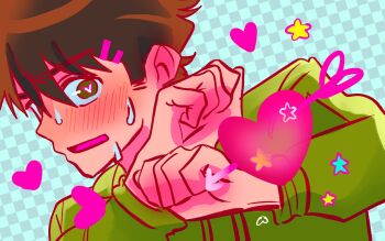 1boy alien_stage animification brown_hair checkered_background colorful commentary derivative_work edd_(eddsworld) eddsworld green_eyes green_hoodie hashtag-only_commentary heart heart-shaped_pupils highres hood hood_down hoodie long_sleeves male_focus parody peluituap short_hair solo star_(symbol) sweatdrop symbol-shaped_pupils upper_body