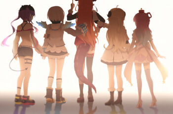 5girls absurdres ahoge amane_kanata amane_kanata_(1st_costume) animal_ears armband black_boots black_jacket black_shoes black_shorts blonde_hair blue_hair boots commentary_request cropped_jacket demon_girl demon_tail dragon_girl dragon_horns dress facing_away fishnet_thighhighs fishnets fur-trimmed_boots fur_trim gradient_hair grey_hair highres himemori_luna himemori_luna_(1st_costume) holoforce hololive horns jacket kiryu_coco kiryu_coco_(1st_costume) long_hair multicolored_hair multiple_girls orange_hair pink_dress pink_hair purple_hair risai sheep_ears sheep_girl sheep_horns shoes short_hair shorts single_thighhigh tail thigh_strap thighhighs tokoyami_towa tokoyami_towa_(1st_costume) tsunomaki_watame tsunomaki_watame_(1st_costume) twintails virtual_graduation_commemoration virtual_youtuber white_dress white_jacket yellow_armband