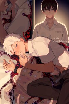 2boys artist_name belt black_hair black_pants blush buttons collared_shirt commentary_request grey_belt heart highres hikaru_ga_shinda_natsu implied_yaoi indou_hikaru joraffasalmon lying male_focus mole mole_on_cheek mole_on_neck mole_under_eye mole_under_mouth multiple_boys multiple_moles navel on_side open_clothes open_fly open_shirt pants parted_lips pocket red_pupils shadow shirt short_hair short_sleeves slit_pupils teeth tsujinaka_yoshiki twitter_username watch white_hair white_shirt wristwatch