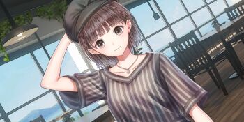 1girl black_hat blue_reflection_(series) blue_reflection_sun blue_sky blunt_ends braid breasts brown_hair brown_shirt cafe ceiling_light chair closed_mouth collarbone day dutch_angle game_cg hand_on_headwear hanging_plant hat highres hoshiya_kanna indoors ivy jewelry kishida_mel looking_at_viewer medium_breasts necklace newsboy_cap non-web_source official_art plant potted_plant shirt short_hair sky smile solo striped_clothes striped_shirt t-shirt table twin_braids vertical-striped_clothes vertical-striped_shirt window wooden_floor
