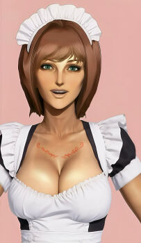 1girl ai-assisted breasts chest_tattoo cleavage green_eyes highres ish33r large_breasts maid maid_headdress nel_zelpher red_hair red_tattoo short_hair smile solo star_ocean star_ocean:_till_the_end_of_time tan tattoo