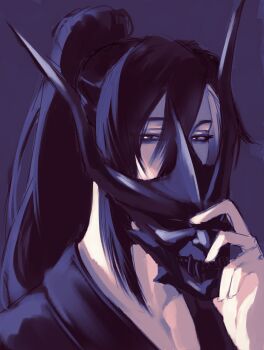 1boy absurdres bags_under_eyes black_eyes black_hair black_shirt commentary covering_own_mouth english_commentary high_ponytail highres jiejiepen looking_at_viewer male_focus mask narrowed_eyes ponytail portrait shadow_slave shirt solo sunny_(shadow_slave)