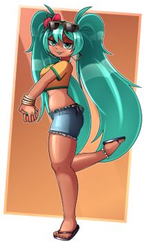 1girl bead_necklace beads blue_shorts bracelet brazilian_miku earrings electronic_baka eyewear_on_head flip-flops flower full_body green_nails hair_flower hair_ornament hatsune_miku hoop_earrings jewelry leg_up long_hair looking_at_viewer multicolored_nails multiple_bracelets necklace parted_lips red_flower sandals shirt shorts solo sunglasses sunglasses_on_head twintails very_long_hair vocaloid yellow_nails yellow_shirt