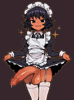 1futa akableak apron black_dress black_eyes black_hair closed_mouth dark-skinned_female dark_skin dress futanari garter_straps highres huge_penis large_penis long_sleeves maid maid_headdress original penis precum puffy_sleeves simple_background skirt_hold smile solo testicles thighhighs uncensored white_thighhighs