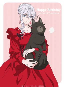 1girl animal border character_name closed_mouth dress earrings happy_birthday highres holding holding_animal jewelry nanaka_(saihito) official_art pink_background red_dress saigo_ni_hitotsu_dake_onegai_shite_mo_yoroshii_deshou_ka scarlet_el_vandimion simple_background smile white_background white_border