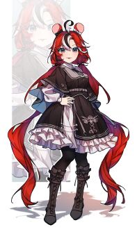 Rule 34 | 1girl, :p, ahoge, animal ears, antenna hair, belt, black cape, black hair, black streaks, black thighhighs, blue eyes, boots, breasts, brown boots, cape, capelet, commentary, double-parted bangs, dress, frilled dress, frills, hair between eyes, hakos baelz, hand on own hip, highres, hololive, hololive english, knees together feet apart, long hair, looking at viewer, medium breasts, mouse ears, mouse tail, multicolored hair, necktie, nekomaru 0579, official alternate hairstyle, red hair, second-party source, shadow, shirt, standing, tail, thighhighs, tongue, tongue out, twintails, very long hair, virtual youtuber, white background, white hair, white shirt, zoom layer