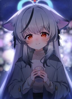 1girl absurdres alternate_costume animal_ears black_hair blue_archive blue_halo blush closed_mouth coat commentary_request grey_coat grey_hair halo highres holding kokona_(blue_archive) koroyarou long_hair long_sleeves looking_at_viewer multicolored_hair red_eyes smile solo straight-on streaked_hair sweater tiger_ears tiger_girl two-tone_hair white_sweater