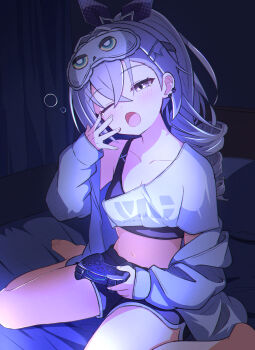 1girl :o barefoot black_shorts breasts commentary crop_top dolphin_shorts drill_hair feet grey_eyes grey_hair highres honkai:_star_rail honkai_(series) indoors long_hair midriff navel on_bed one_eye_closed sasanekomaru shorts silver_wolf_(honkai:_star_rail) sitting sleep_mask small_breasts solo toes wariza yawning