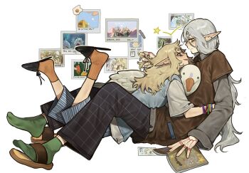 1boy 1girl between_legs blonde_hair blush book bracelet checkered_clothes checkered_pants dungeon_meshi elf fleki full_body green_eyes grey_hair hair_around_ear hand_in_another&#039;s_hair hand_tattoo hetero highres holding holding_book hug jewelry long_hair long_sleeves looking_at_another lycion lying_on_person notched_ear nova_1810 open_mouth pants photo_(object) pointy_ears profile purple_eyes sandals shirt smile socks striped_clothes striped_pants stuffed_animal stuffed_duck stuffed_toy tattoo vest