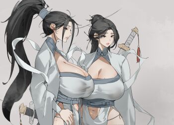 2girls absurdres black_eyes black_hair breasts chinese_clothes cleavage cleavage_cutout closed_mouth clothing_cutout dress expressionless from_side grey_background hair_bun high_ponytail highres holding holding_behind_back holding_sword holding_sword_behind_back holding_weapon holding_weapon_behind_back huge_breasts katana lips long_hair long_sleeves looking_to_the_side mature_female mole mole_on_breast mole_under_eye multiple_girls navel navel_cutout parted_bangs parted_lips pelvic_curtain ponytail sash shan3143311380 shawl sheath sheathed simple_background standing sword underwear upper_body weapon weapon_on_back white_dress