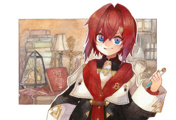 Rule 34 | 1girl, ange katrina, ange katrina (1st costume), balance scale, black coat, blue eyes, blush, book, book stack, border, cardigan, coat, commentary request, grin, hair between eyes, hair intakes, hair ornament, hand up, highres, holding, holding test tube, indoors, lock, long sleeves, looking at viewer, mandragora, mandragora (ange katrina), medium hair, nijisanji, off shoulder, outline, outside border, padlock, red cardigan, red hair, scroll, smile, solo focus, test tube, test tube rack, triangle hair ornament, umigaya aimi, upper body, virtual youtuber, weighing scale, white border, white outline