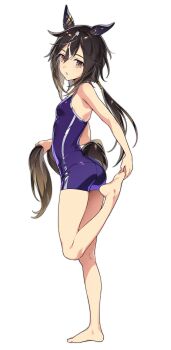 1girl animal_ears artist_request bare_legs barefoot black_hair breasts brown_eyes dot_nose ear_covers feet female_focus flat_chest full_body highres holding_own_leg holding_own_tail horse_ears horse_girl horse_tail legs loli long_hair multicolored_hair one-piece_swimsuit open_mouth ponytail purple_one-piece_swimsuit purple_shorts sexually_suggestive shorts simple_background small_breasts solo solo_focus stay_gold_(umamusume) streaked_hair swimsuit tail thighs toes tracen_swimsuit umamusume white_background white_streaks